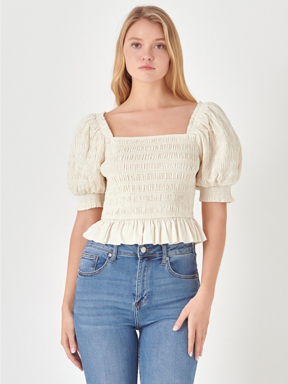 English Factory Cream Smocked Puff-Sleeve Crop Top
